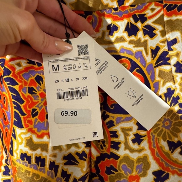 NWT Zara Satin Paisley Silky Cropped Wide Leg Palazzo Pants Gold Red Resort M - Picture 7 of 10